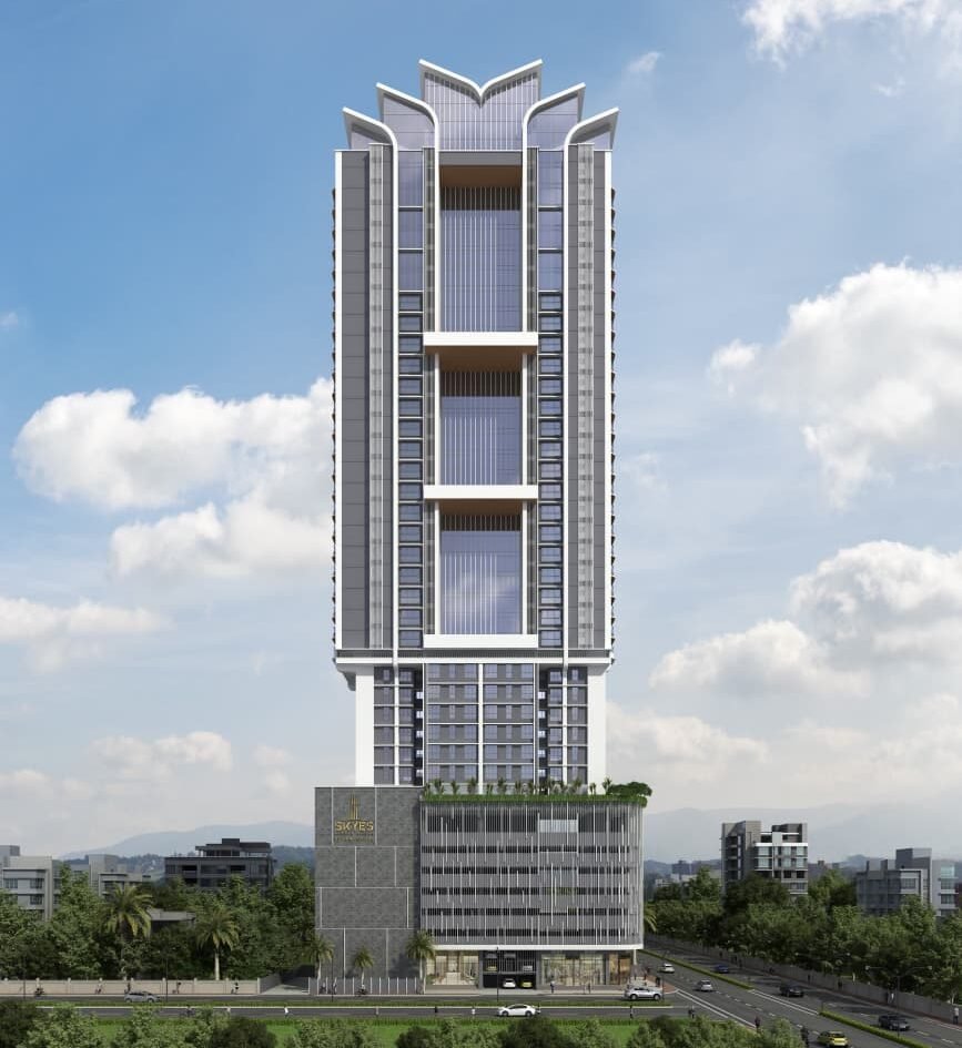 Luxury roadside tall tower view with greenery and modern architecture